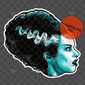 Puede incluir: Una ilustración en turquesa y negro de una mujer con un peinado que recuerda al de Frankenstein. La mujer mira hacia la derecha y tiene una cicatriz cosida en el cuello. La imagen tiene un círculo rojo con el texto "COMMERCIAL USE" en blanco.
