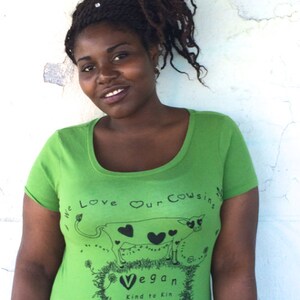 T-Shirt: We Love Our Cowsins, Kind to Kin, Original Art, Back Reaching Out for Animal Rights, Organic Cotton, Soft and Comfy