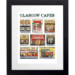 Op de afbeelding: Een ingelijste illustratie van negen verschillende cafés in Glasgow, Schotland. De illustratie is in een kleurrijke cartoon-stijl en toont de namen van elk café.