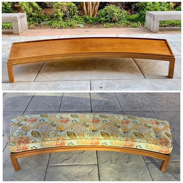SOLD. Local Pick up /  Mid Century Curved Floral Upholstery Walnut Bench Seating