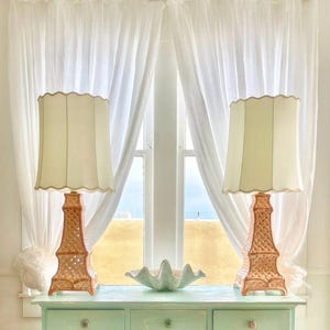 PAIR - Large Coral Pink Faux Bamboo Chinoiserie Pagoda Lamps