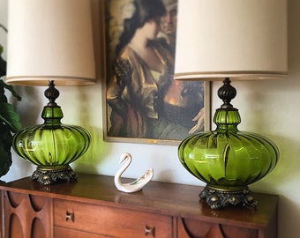 PAIR of Very Large Mid Century / Hollywood Regency Green Glass Blown Table Lamps