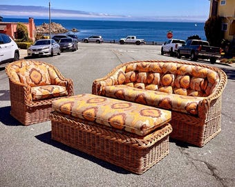 Vintage Italian Braided Wicker Set: Loveseat, Armchair & Ottoman