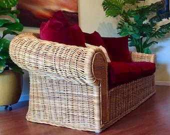 SOLD. Vintage Mohair Indoor Wicker Rattan Oversized Loveseat by Wicker Works