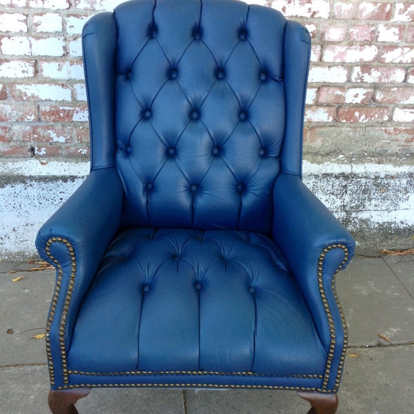 SOLD / SOLD / SOLD / Vintage Deep Powder Blue Tufted Vinyl Wing Back Chair