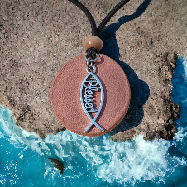 1.5in. cirlce with a Blessed Fish Charm TerraCotta AromaTherapy Necklaces - Essential Oil Personal Diffusers - Clay Pendant - Disc Ceramic