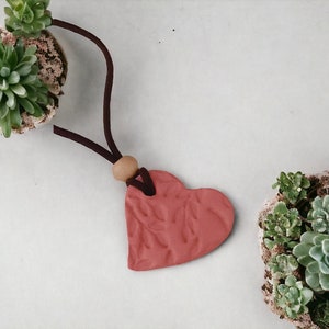 May include: A pink heart-shaped pendant with a brown cord necklace. The pendant has a textured surface and is hanging against a white background. Two small potted succulents are visible in the background.