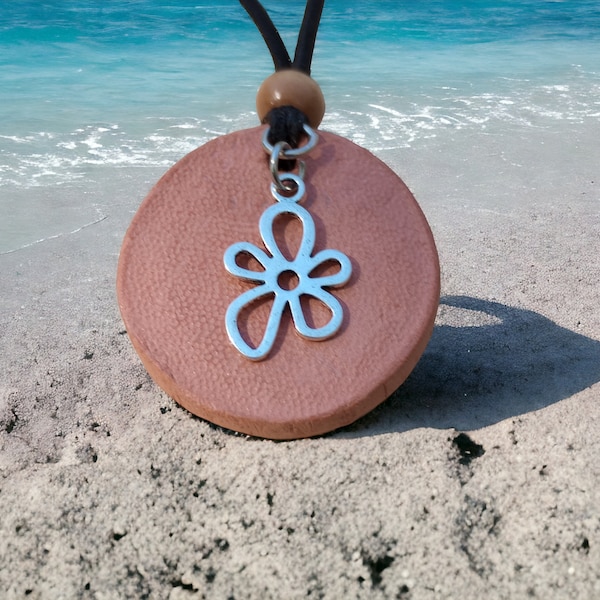 1.5" circle with boho style flower charm TerraCotta AromaTherapy Necklaces - Essential Oil Personal Diffusers - Clay Pendant - Disc Ceramic