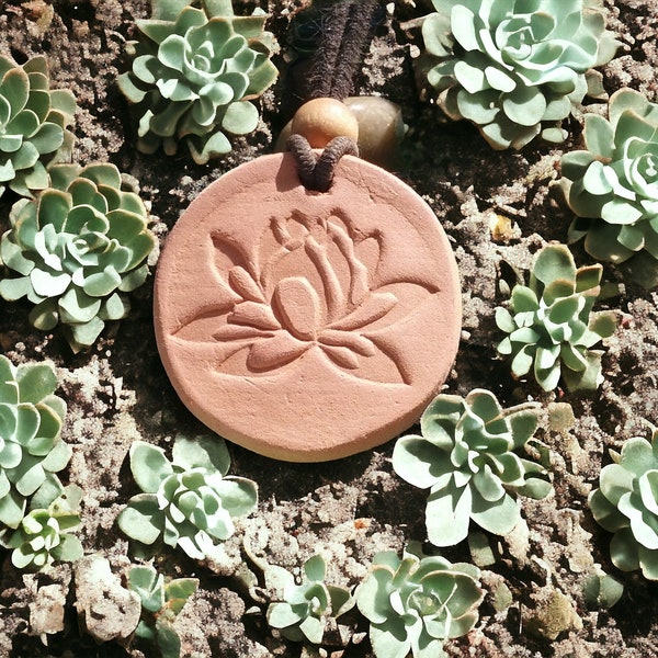 Lotus Stamped Aromatherapy Necklace - Handmade to order - terracotta clay - Essential Oil diffusers - Ceramic CLAY Disc