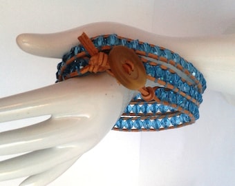 Triple Leather Wrap Bracelet with Czech Glass Beads