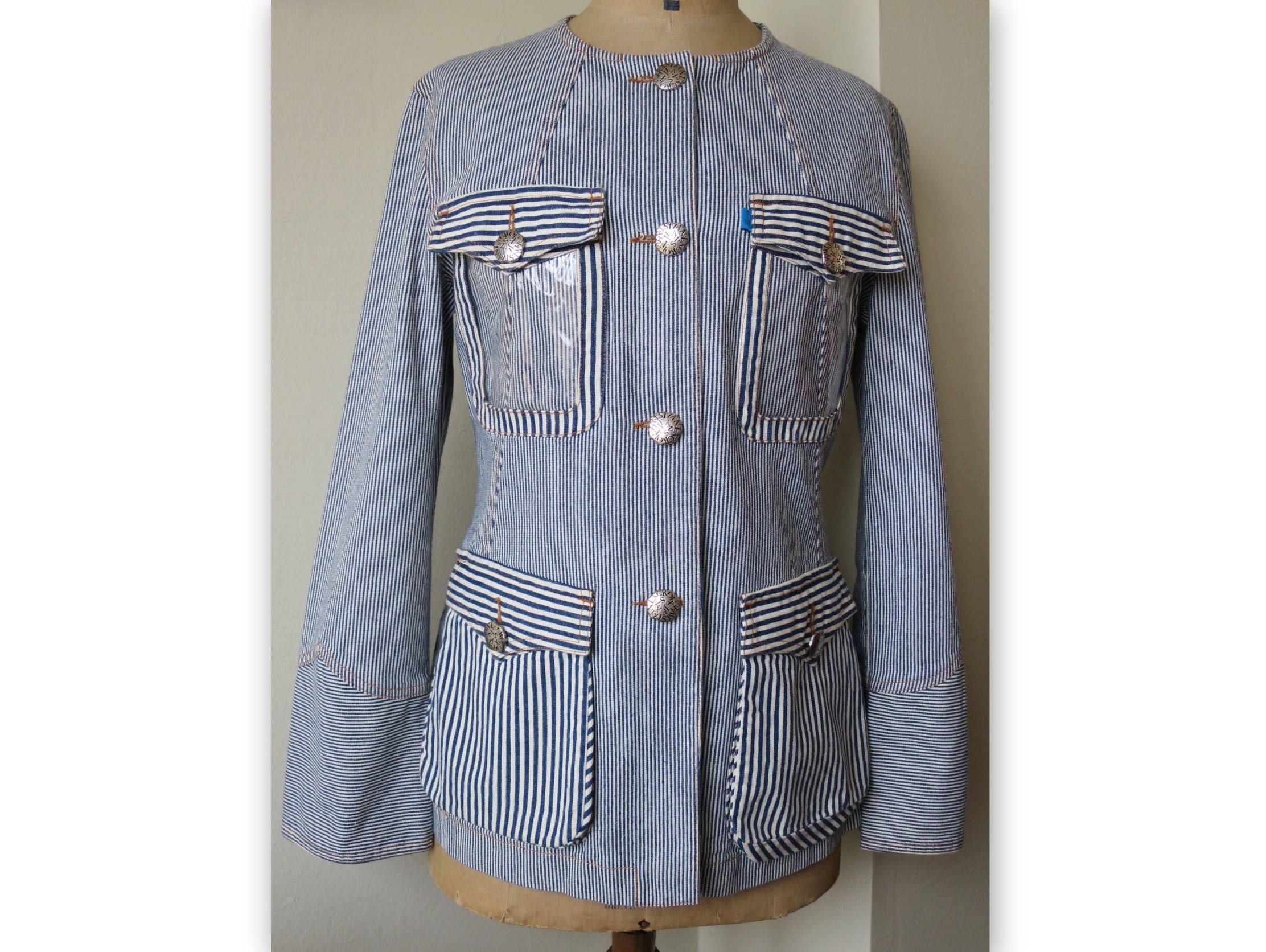 blue and white striped denim jacket