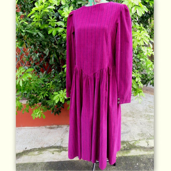 Robe longue Laura ASHLEY, manches longues, en velours fushia et violet, taille 40, UK 14, USA 12