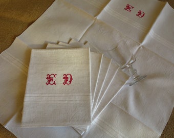 6 large glass towels, linen, late 19th century, French, monogrammed ED in red