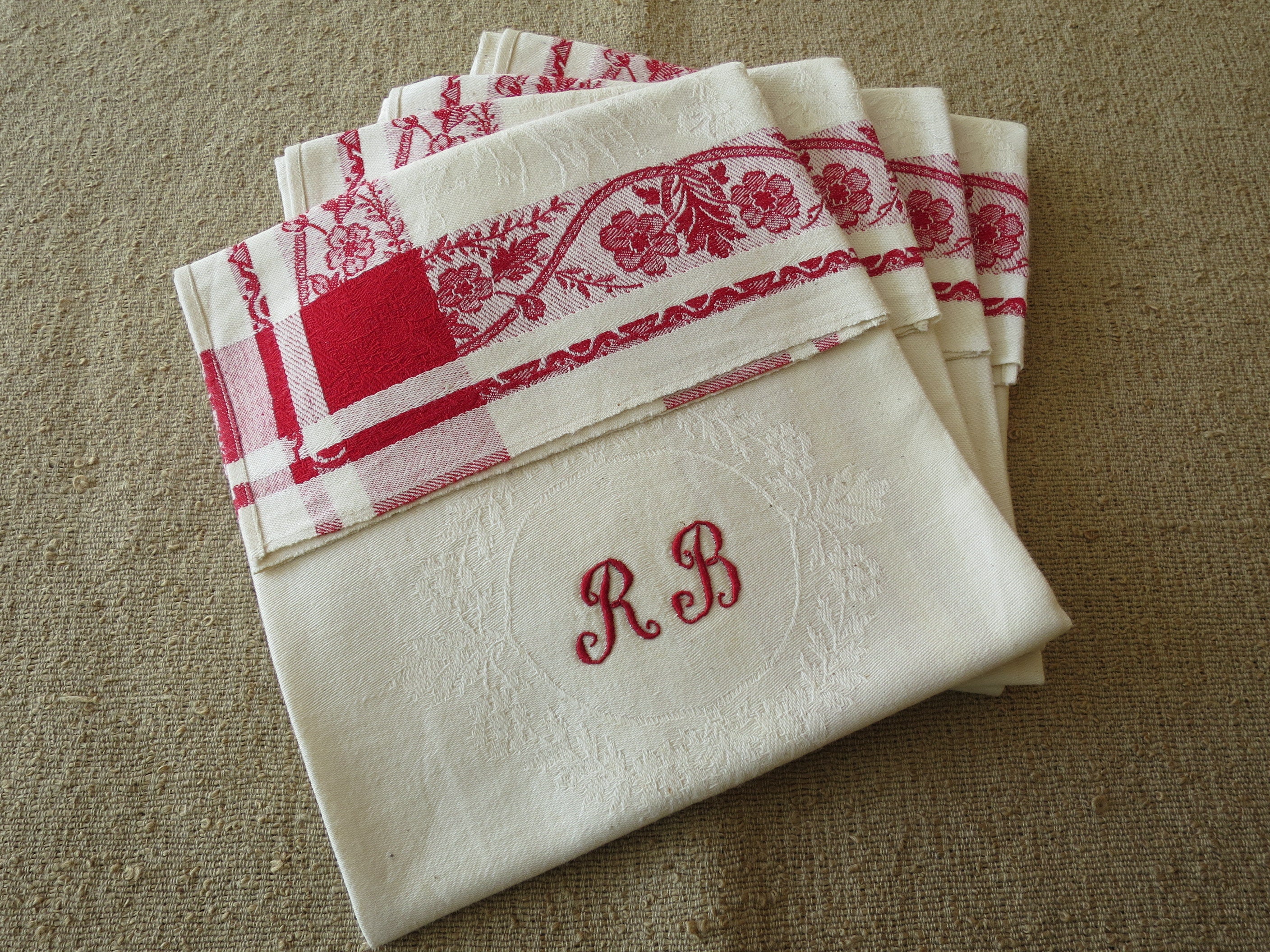 Lot De 17 Serviettes Damassées Blanches - Coton - Fabriquées En France - Vintage/rétro