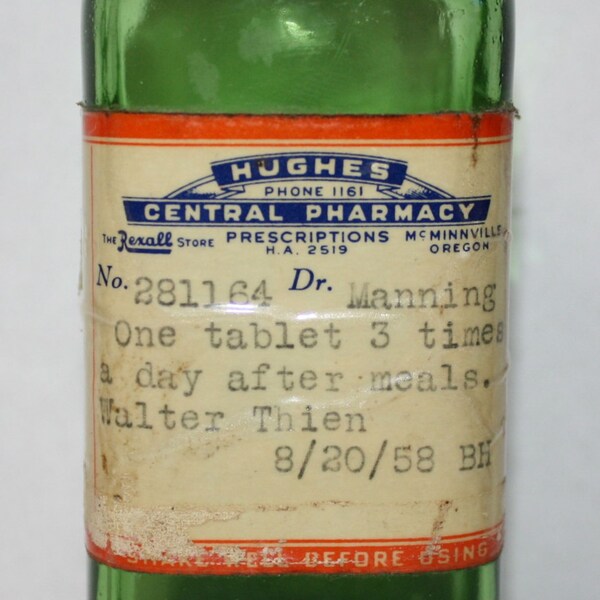 Vintage Green Medicine Bottle With Prescription Label, Old Rexall Label, Movie or Photo Prop, 1958