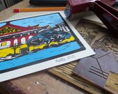Taipei Taiwan, Linocut Art Print, Color Print, Original, 8.5x6 inches, Asian Art