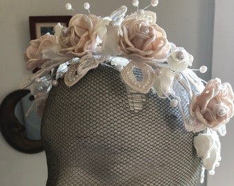 Bridal Headpiece with Vintage Roses, Lace Leaves and Comb