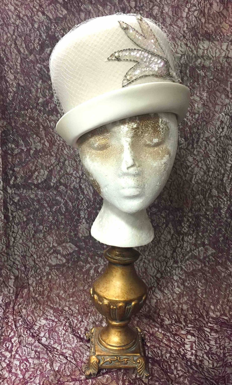 Hat Cream Felt Vintage With Satin Brim Netting Sequin Trim image 1