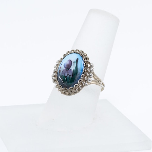 Vintage Hand Painted Flower with Enamel on Porcelain Ring