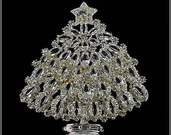 RESERVED Signed Eisenberg Ice Christmas Tree Pin Silver Tone with Clear Rhinestones (#J952)