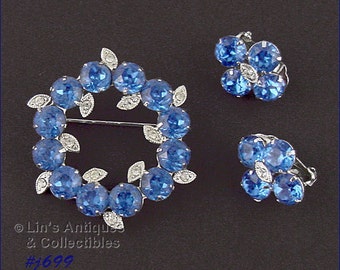 Signed Eisenberg Ice Blue Rhinestone Pin and Clip Earrings (#J699)