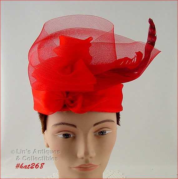 Red Hat with Red Netting and Feathers Vintage Red… - image 1
