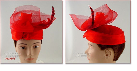 Red Hat with Red Netting and Feathers Vintage Red… - image 3