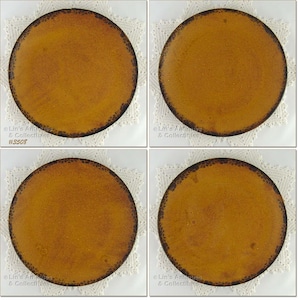 May include: Four round, brown ceramic plates with a black rim. The plates are arranged in a 2x2 grid.