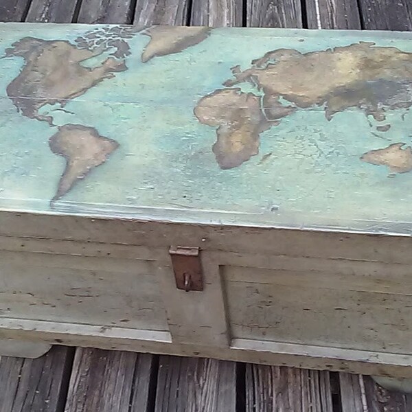 trunk coffee table, hand painted mural,  reclaimed vintage carpenter's tool box, patina paint, bulky,