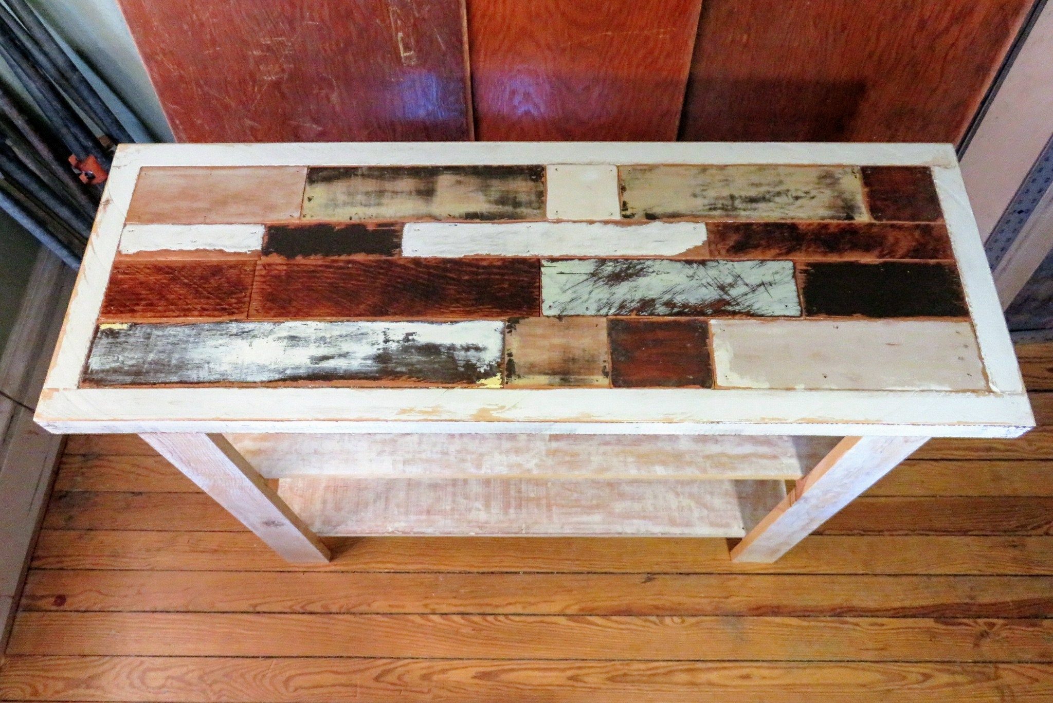 Distressed White Console With Shelves. Barn Wood Entry Table Accent ...
