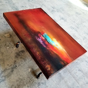Burnt Orange coffee table, art deco side table, cocktail table, whimsical painted furniture. burnt orange decor, sunset acrylic painting. image 1