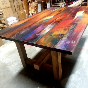 modern farmhouse dining table.  hand painted kitchen table.  rustic barn wood. burnt orange painted furniture. southwest decor