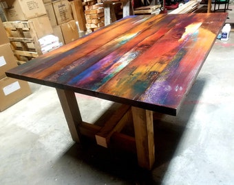 modern farmhouse dining table. hand painted kitchen table. rustic barn wood. burnt orange painted furniture. southwest decor
