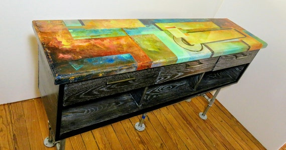 Hand Painted Media Console With Drawers And Shelves Art Deco Etsy