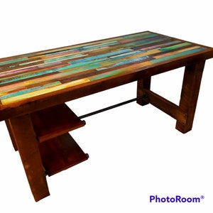 Wood desk with storage, colorful painted wood mosaic top with rustic and chunky wood legs.