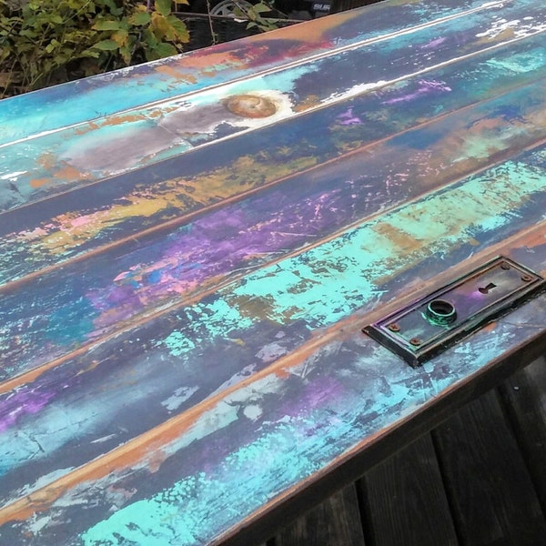 reserved for Laurie - colorfully painted desk, industrial, reclaimed wood, vintage panel door, patina, chunky pedestal pipe frame. steampunk