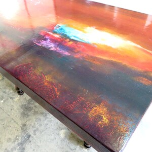Burnt Orange coffee table, art deco side table, cocktail table, whimsical painted furniture. burnt orange decor, sunset acrylic painting. image 5