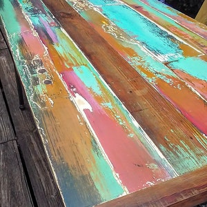 Pink and turquoise coffee table. whimsical painted kitchen table. Southwest dining table. Reclaimed barn wood. Boho coastal cottage decor.