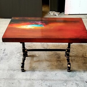 Burnt Orange coffee table, art deco side table, cocktail table, whimsical painted furniture. burnt orange decor, sunset acrylic painting. image 4