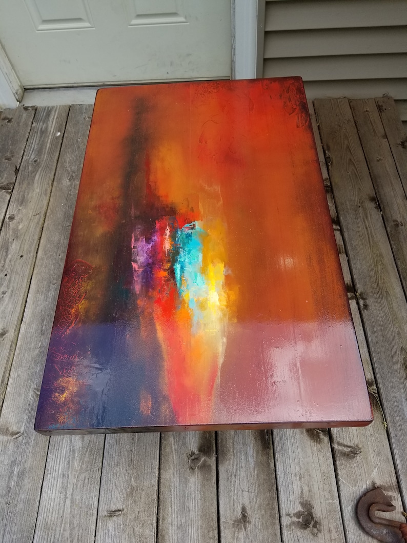 Burnt Orange coffee table, art deco side table, cocktail table, whimsical painted furniture. burnt orange decor, sunset acrylic painting. image 9