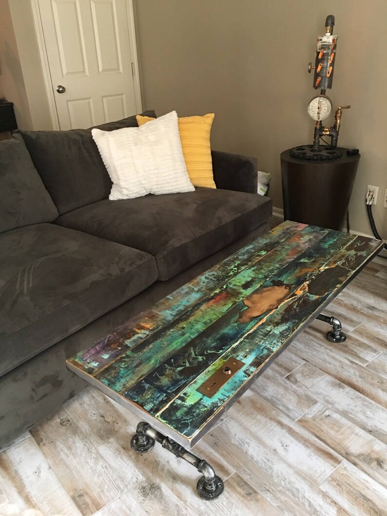 Metallic Painted Coffee Table With Pipe Leg Vintage Door Etsy