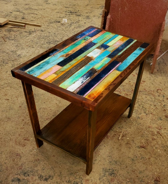 Nautical Painted Side Table With Shelf. Boho Color on Barn Wood Accent  Table, Cottage Night Stand. Modern Farmhouse Furniture. 