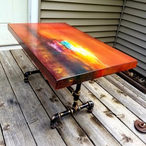 Burnt Orange coffee table, art deco side table, cocktail table, whimsical painted furniture. burnt orange decor, sunset acrylic painting. image 6