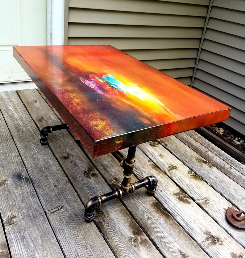 Burnt Orange coffee table, art deco side table, cocktail table, whimsical painted furniture. burnt orange decor, sunset acrylic painting. image 6