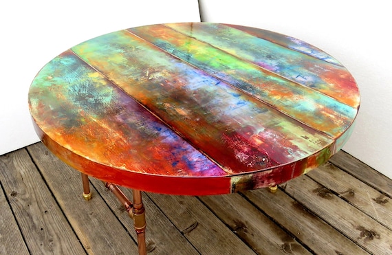 Whimsical Painted Round Table Pub, Round Painted Wood Coffee Table