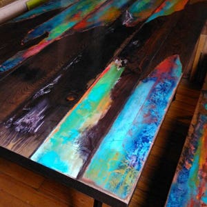 Whimsical painted coffee table. multi colored coctail table. colorful wood accent table, Industrial pipe legs, hairpin legs. boho decor.