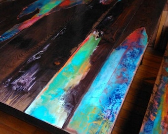 Whimsical painted coffee table. multi colored coctail table. colorful wood accent table, Industrial pipe legs, hairpin legs. boho decor.