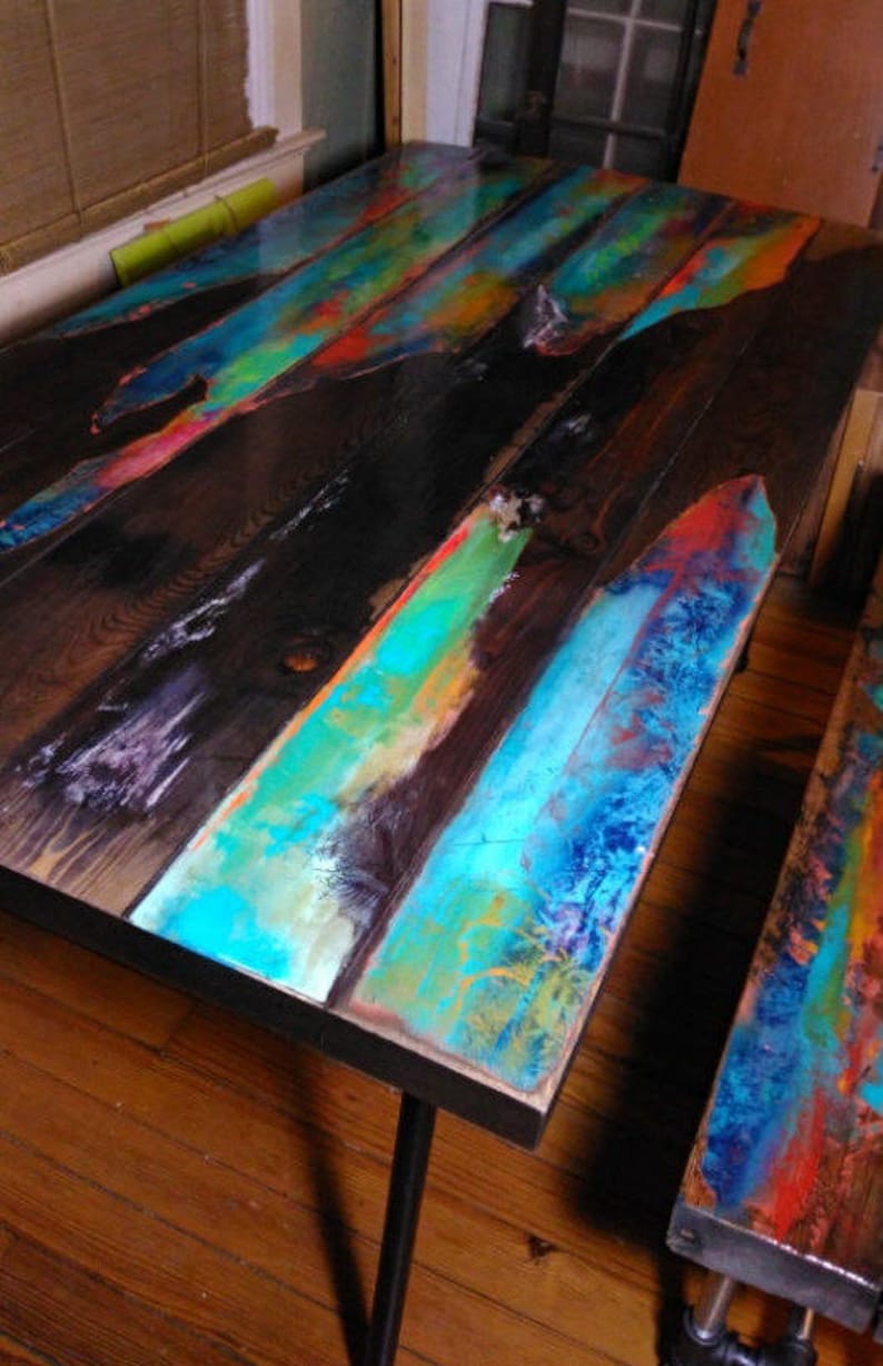 Painted Coffee Table Abstract Art On Distressed Wood Industrial Pipe Legs Farmhouse Rustic Look Of Reclaimed Cabin Furniture