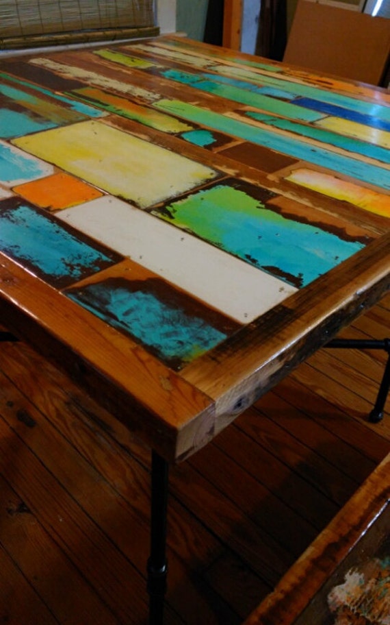 Custom boat wood inspired Dining table &amp; bench colorful 