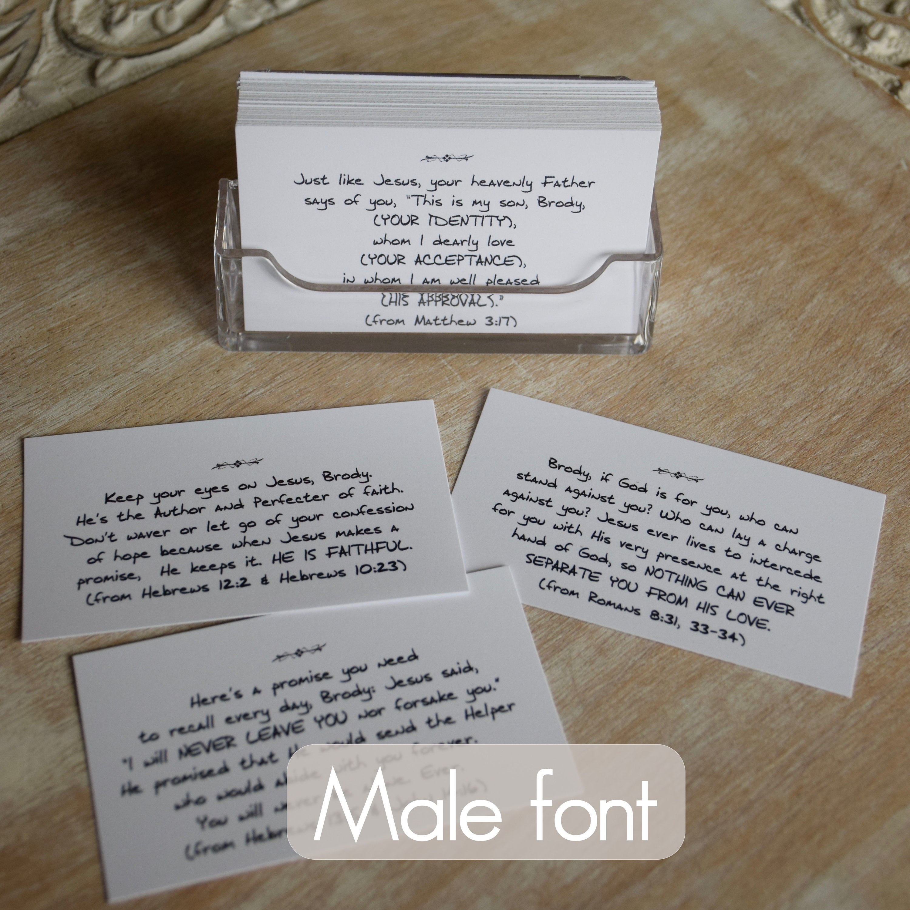 Personalized Scripture Cards in lucite holder